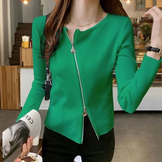 Áo Khoác Thun Tay Dài Có Khóa Kéo Thời Trang Thu Đông Cho Nữ