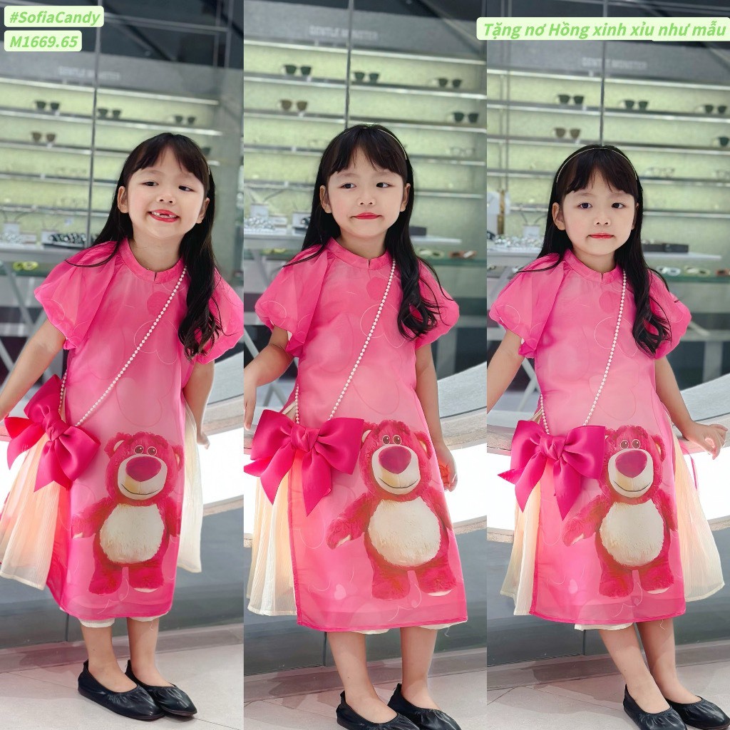 Áo dài gấu dâu lotso chất liệu tơ óng 2 lớp mềm mịn cho bé xinh