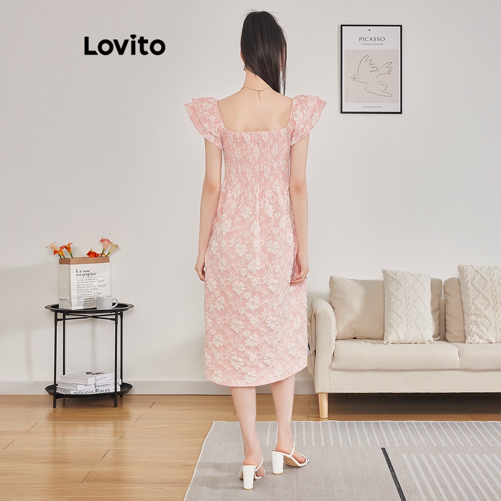 Đầm Lovito xếp nếp dún thun họa tiết hoa thanh lịch cho nữ L62ED173