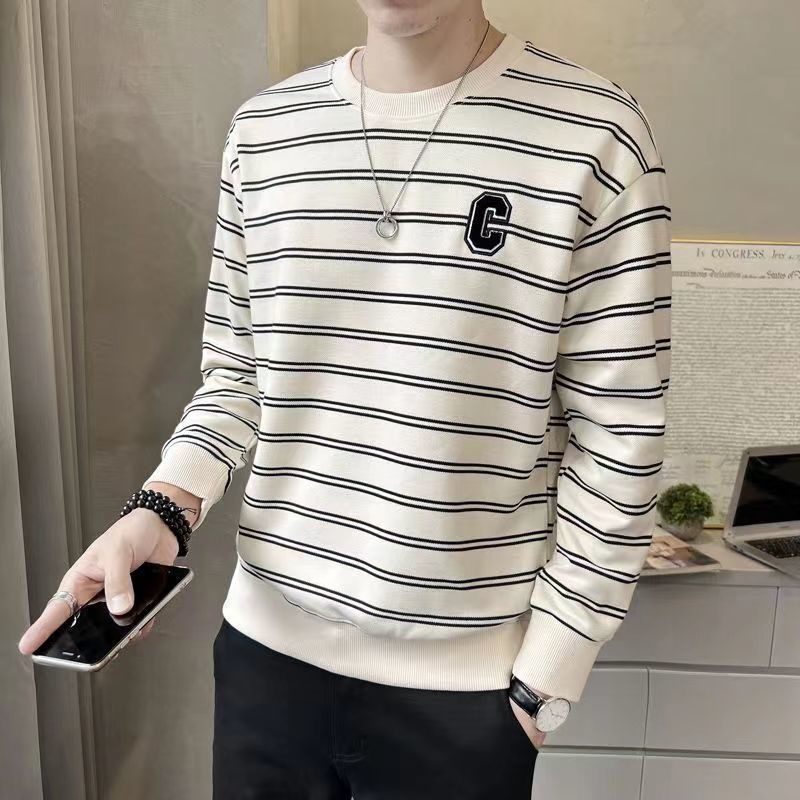 Áo Thun Nỉ Tay Dài Cổ Tròn Họa Tiết Kẻ Sọc Thời Trang Thu Đông Hàn Quốc Cho Nam