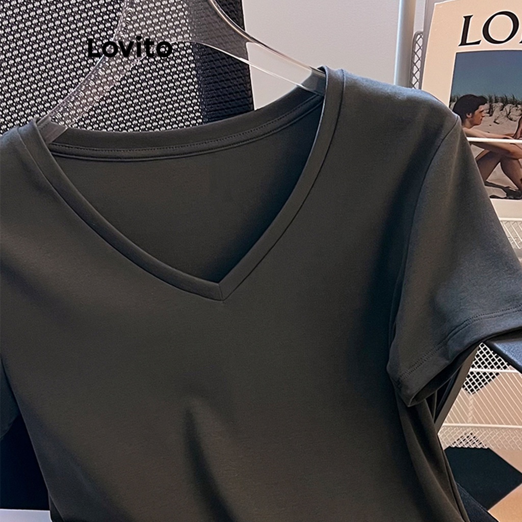 Lovito Áo thun trơn bất đối xứng thường ngày cho nữ LNA27003