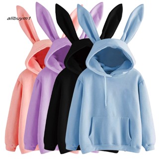 Áo hoodie Màu Trơn Giữ Ấm Tai Thỏ Có Dây Rút Dài Dễ Thương Cho Nữ