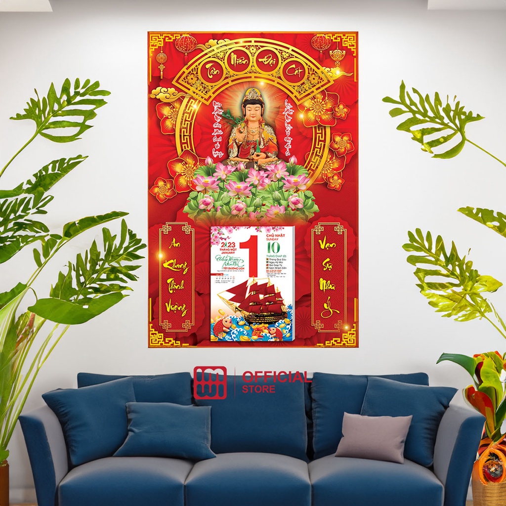 Lịch gỗ Phật giáo Quan Âm Bồ Tát 40x60cm LGV23M06