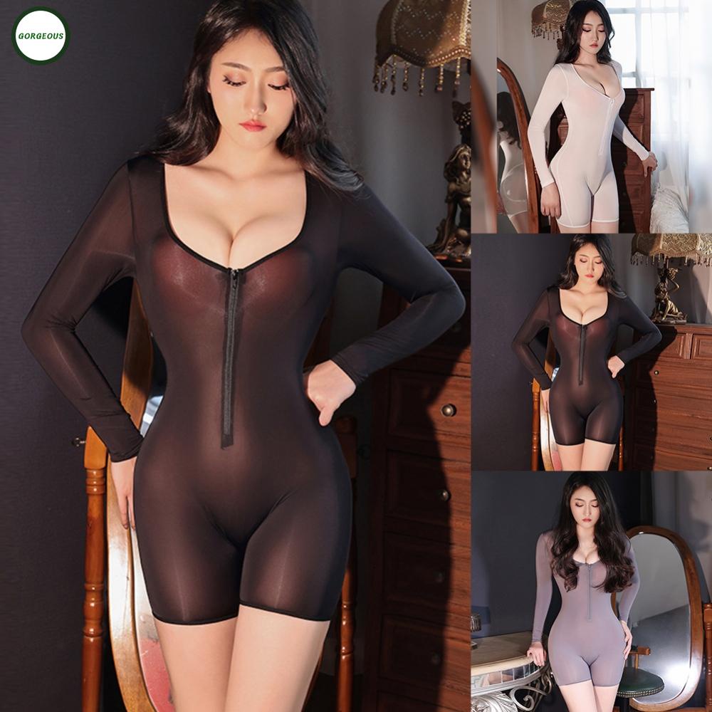 New Coming~Women's Crothless Sheer See Though Jumpsuit Sexy Zip Up Bodysuit Lingerie Romper#Home Essentialses