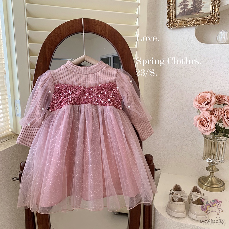 Đầm Công Chúa Phối Lưới Đính Kim Sa Và Ngọc Trai Phong Cách Hàn Quốc Cho Bé Gái