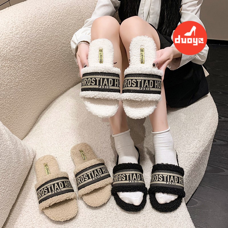 Duooya Dép Bông Thẳng ~  Dép Bít Mũi Thêu Chữ Phong Cách Hàn Quốc Thời Trang Thu Đông Ấm Áp Cho Nữ Miễn Phí Vận Chuyển