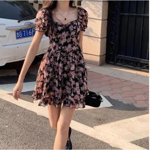 Mới Đầm Chữ a Xếp Ly Tay Phồng Cổ Vuông In Họa Tiết Hoa Phong Cách Pháp Thời Trang Mùa Hè Cho Nữ