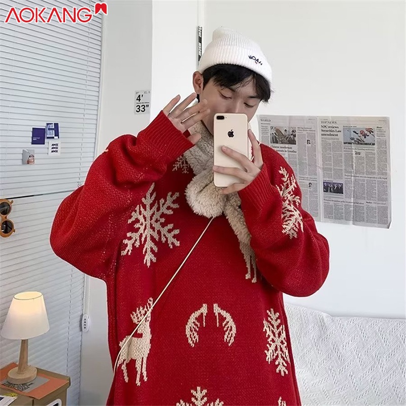 Aokang (Ba Màu) Áo sweater Dệt Kim Cổ Tròn Phong Cách Giáng Sinh Hàn Quốc Cho Cặp Đôi Mùa Đông