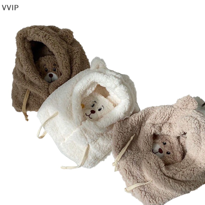 Mũ Lông Cừu Kèm Khăn Choàng Cổ Hình Gấu Dễ Thương Giữ Ấm Mùa Đông Cho Nữ