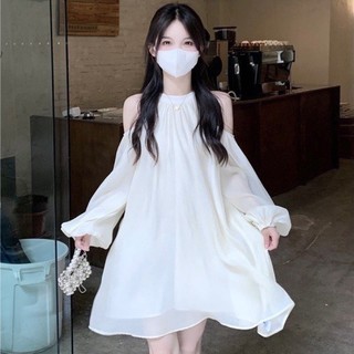 Váy Trắng Tơ Trễ Vai Dài Tay Suông Cách Điệu Siêu Đáng Yêu tiểu thư đi chơi dụ tiệc, SEE