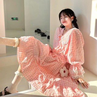 Đầm Tay Dài Ống Loe Cổ Búp Bê Họa Tiết Sọc Caro Màu Hồng Phong Cách Mới Cho Nữ Sinh
