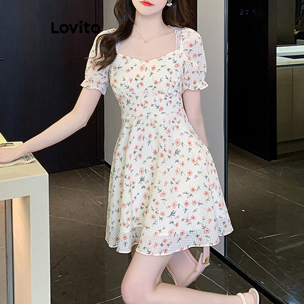 Đầm Lovito viền nhún bèo hoa nhí thường ngày cho nữ LNE21023 (Màu trắng nhạt)