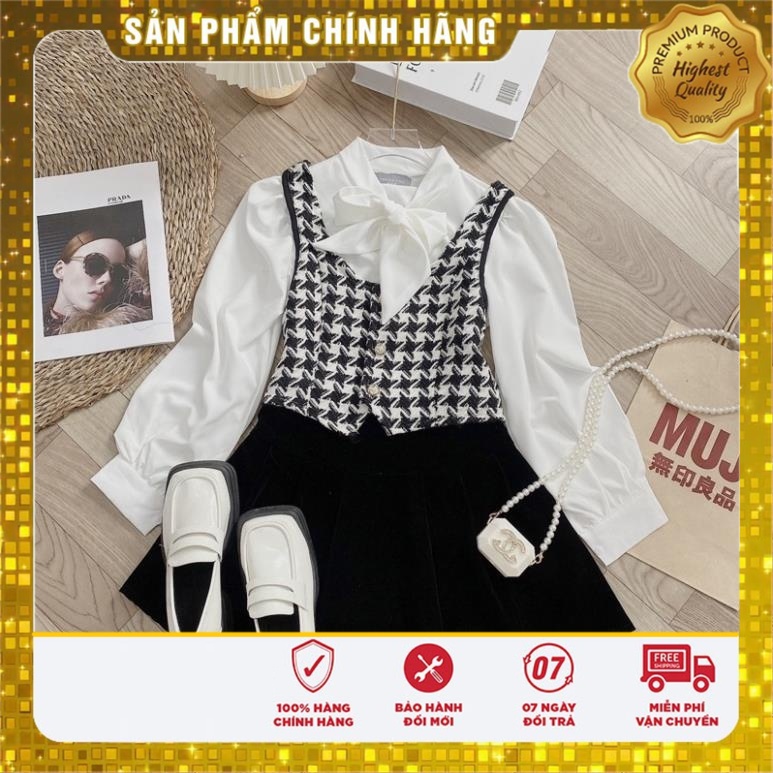 VS21 Vivi Shop Set Dạ 2 Món Áo Gile Kẻ Liền Sơ Mi Trong Siêu Dễ Thương phong Cách Hàn Quốc Có Ảnh Thật