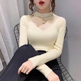 Áo sweater dệt kim cổ lọ phối lưới thời trang cho nữ