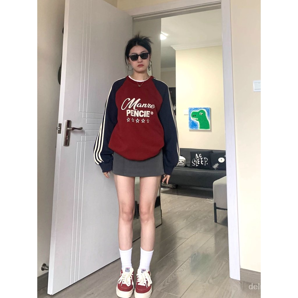 Áo Sweater Cổ Tròn Dáng Rộng In Chữ Màu Sắc Tương Phản Thời Trang Mùa Thu Cho Nữ