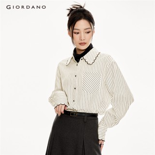 Áo sơ mi nữ GIORDANO 18343217 tay dài dáng rộng họa tiết sọc viền sóng thời trang