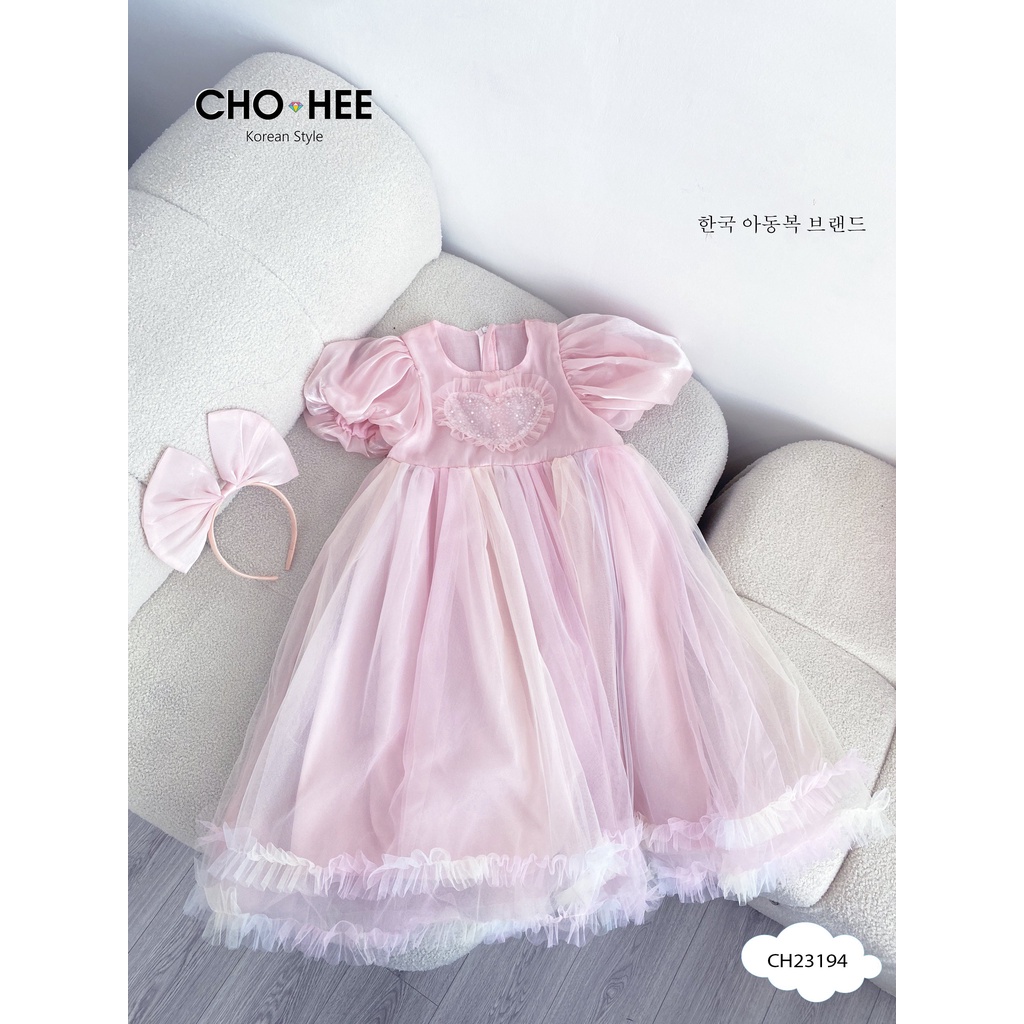 Váy công chúa  voan hồng trái tim kèm bờm nơ