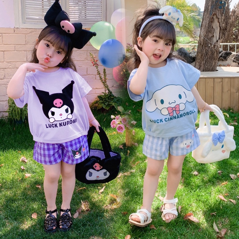 Sanrio set Áo Thun Tay Ngắn & Quần short In Hình kuromi & hello kitty Cho Bé Gái