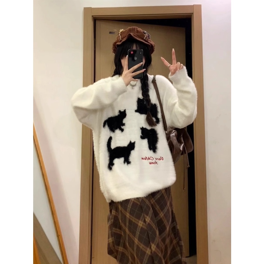 Áo Len Sáp Mềm Dáng Rộng In Hình Mèo Phong Cách Thu Đông Cho Nữ