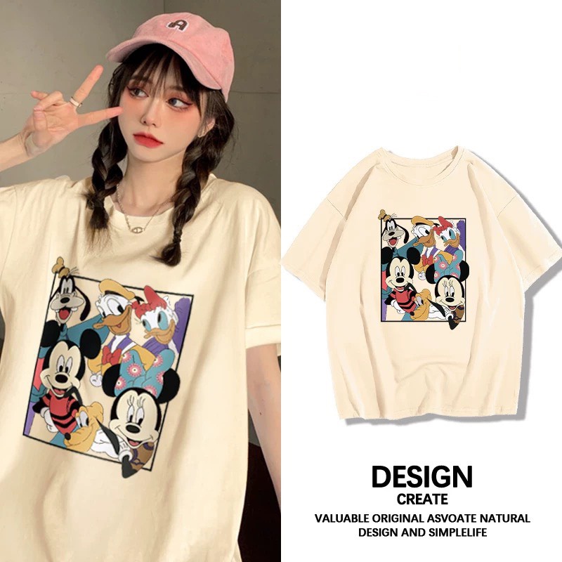 Áo thun nữ form rộng cotton cổ tròn in basic