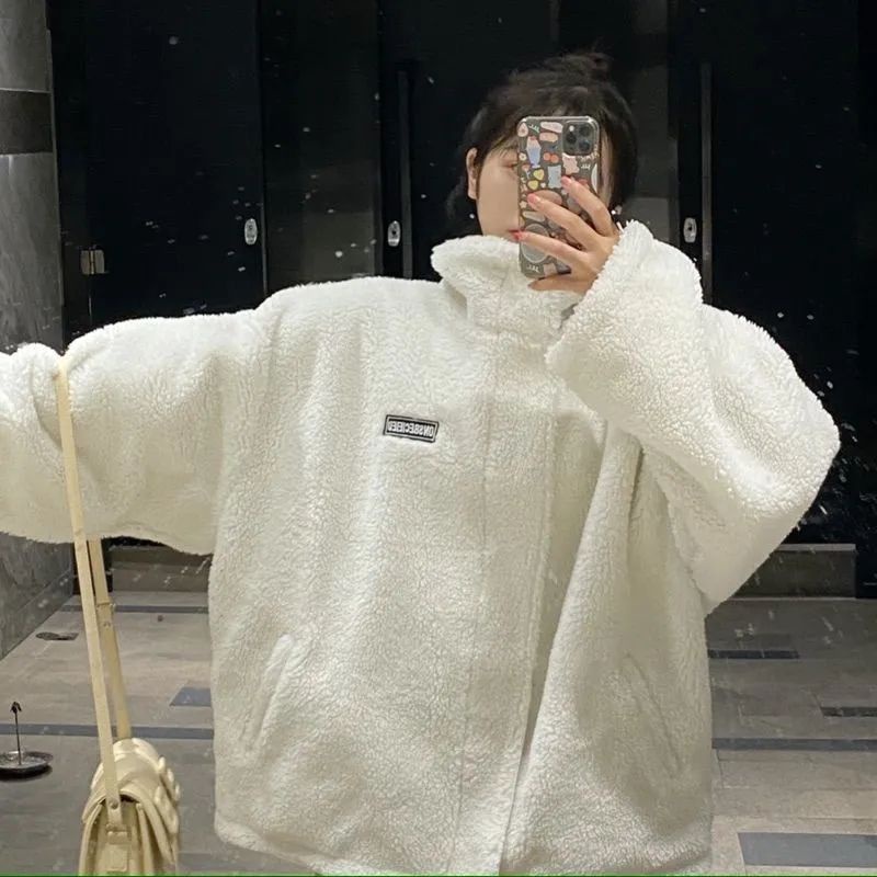 Áo Khoác cotton Giả Lông Cừu Dày Hai Mặt Dáng Rộng Phong Cách Hàn Quốc Thời Trang Mùa Đông 2024 Cho Nữ