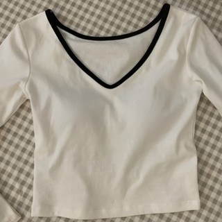 Áo Thun cotton Tay Dài Cổ Chữ v Hở Vai Ôm Dáng Thời Trang Mùa Thu Hàng Mới Dành Cho Bạn Nữ
