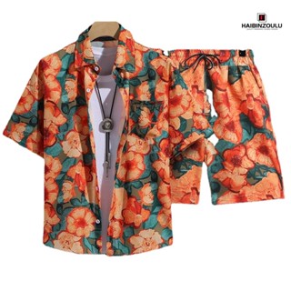 Haibinzoulu set Áo Sơ Mi Ngắn Tay Cổ Bẻ + Quần short Họa Tiết Hoa Hawaii Thời Trang Đi Biển Mùa Hè Cho Nam Và Nữ