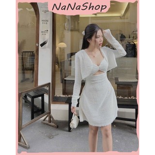Đầm Len Ren Xốp Dáng Ngắn Xòe Hai Dây Khoét Ngực Có Mút Mix Áo Khoác Tay Dài Sang Chảnh