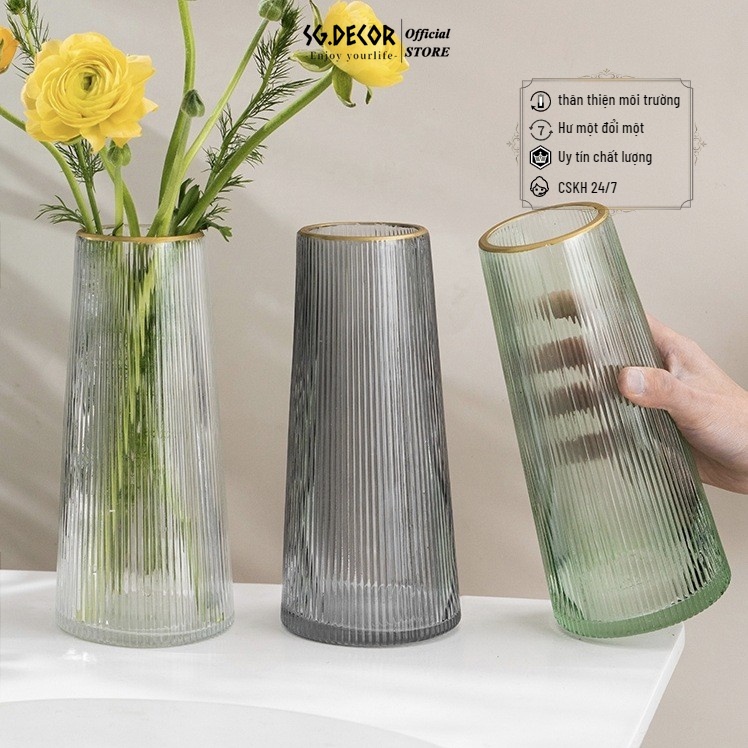 Bình Hoa Thủy Tinh Viền Vàng SG.DECOR – Decor Bàn, Phòng Khách, Quà Tặng 21,5cm