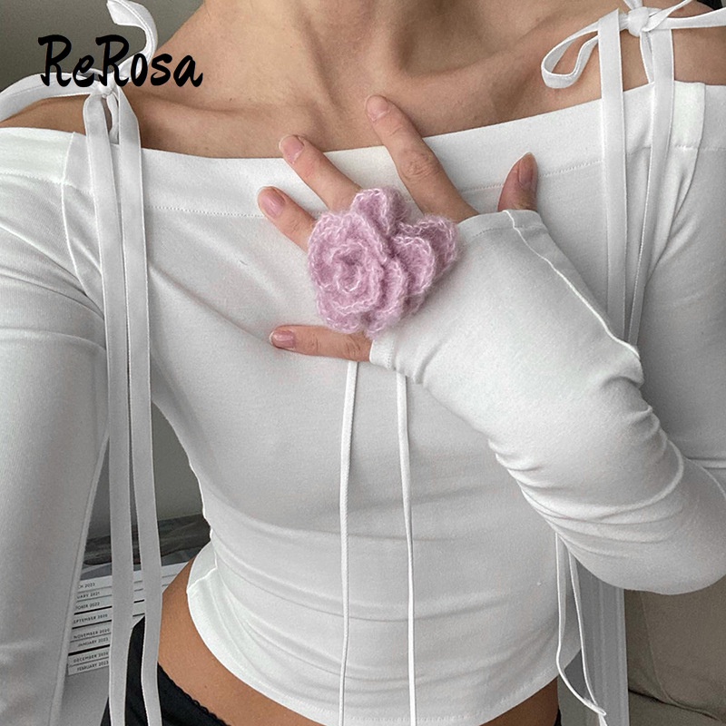 Rerosa Áo Thun Croptop Tay Dài Màu Trơn Dáng Ôm Hở Vai Thời Trang 2023 Cho Nữ