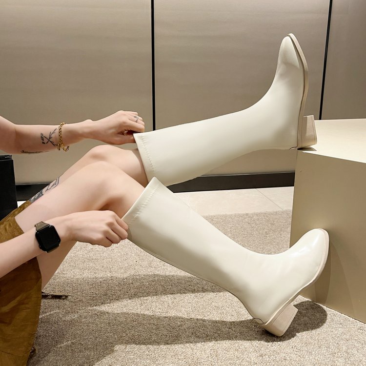 Giày Bốt Da pu Gót Vuông Dày Dặn Co Giãn Màu Trơn Phối Khóa Kéo Sau Kiểu Pháp Thời Trang Xuân Thu Cho Nữ