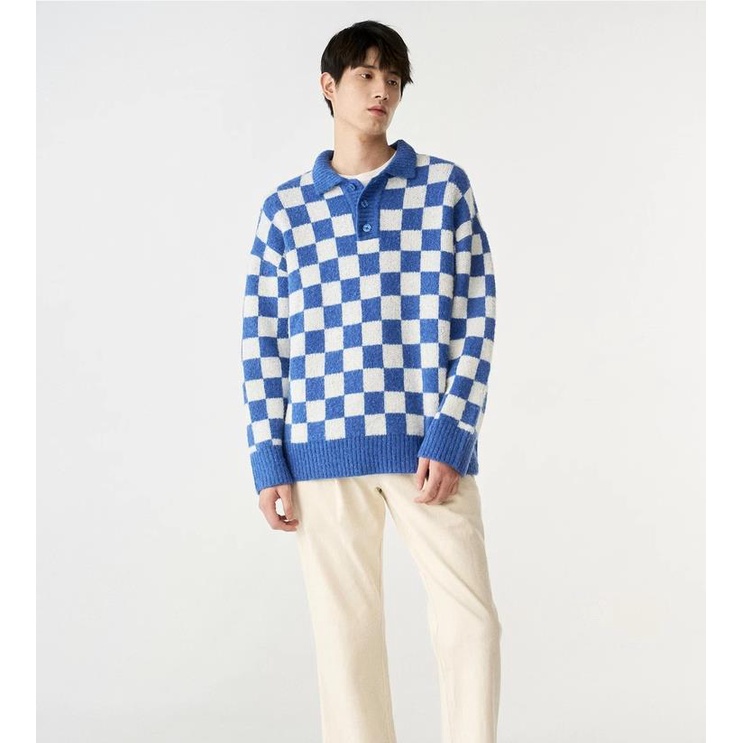 Áo Len Cổ polo Dáng Rộng Họa Tiết Caro Thời Trang Thu Đông Cho Nam