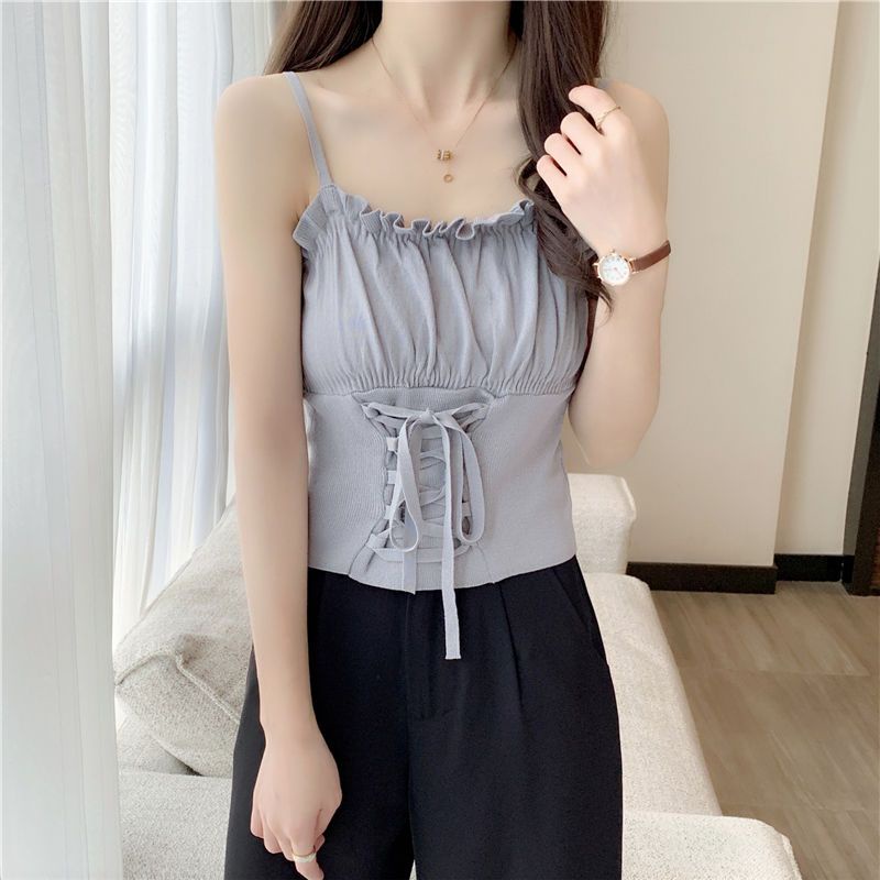 Áo Hai Dây Dệt Kim Thời Trang Xuân Thu Đơn Giản Cho Nữ