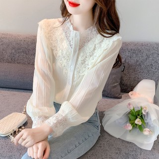 Áo sơ mi chiffon dài tay phối ren phong cách mùa thu 2023 mới