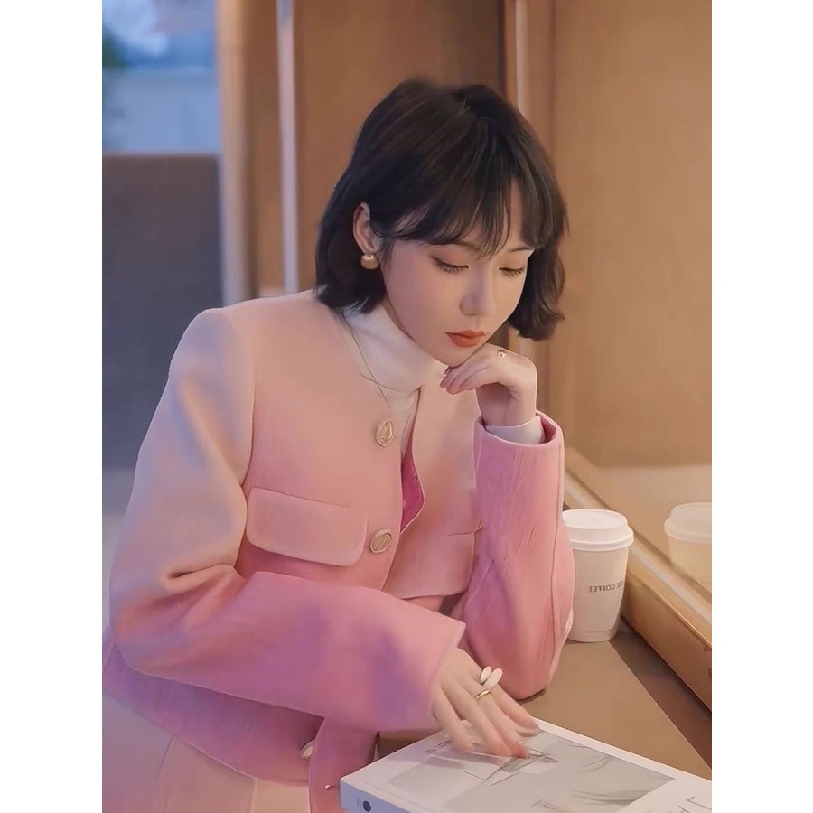 ✨BÁN SỈ✨A011- Áo dạ hồng dáng ngắn có đệm vai 2 lớp