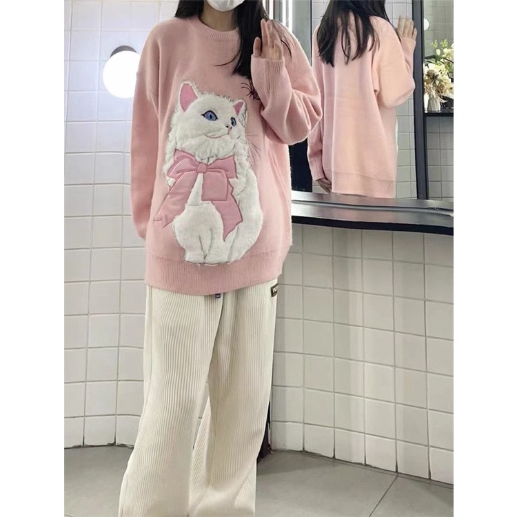 Áo sweater Dày Dặn Ấm Áp Thời Trang Áo Thun Tay Ngắn In Hình Mèo Dễ Thương