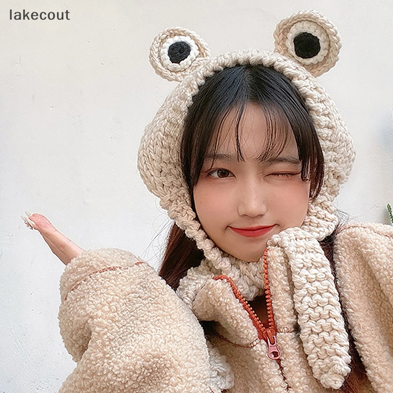 Lat Mũ beanie Dệt Kim Đính Chú Ếch Mắt To Màu Xanh Lá Cây Giữ Ấm Che Tai Thời Trang hye