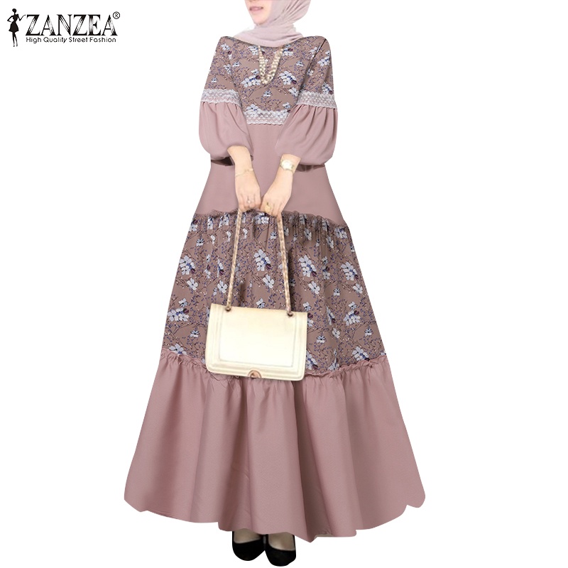 Zanzea Đầm Dài Phối Ren Tay Phồng Cổ Tròn Phong Cách Hồi Giáo Cho Nữ