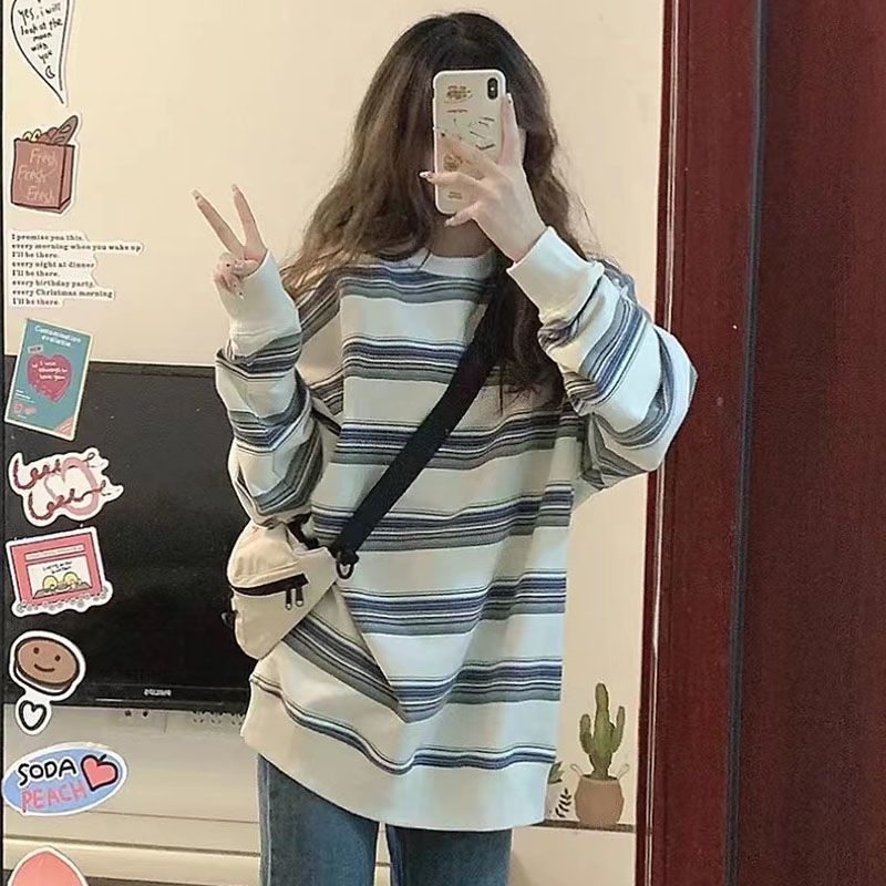 Cozok Áo Sweatshirt Kẻ Sọc Tay Dài oversize Phong Cách retro Thời Trang