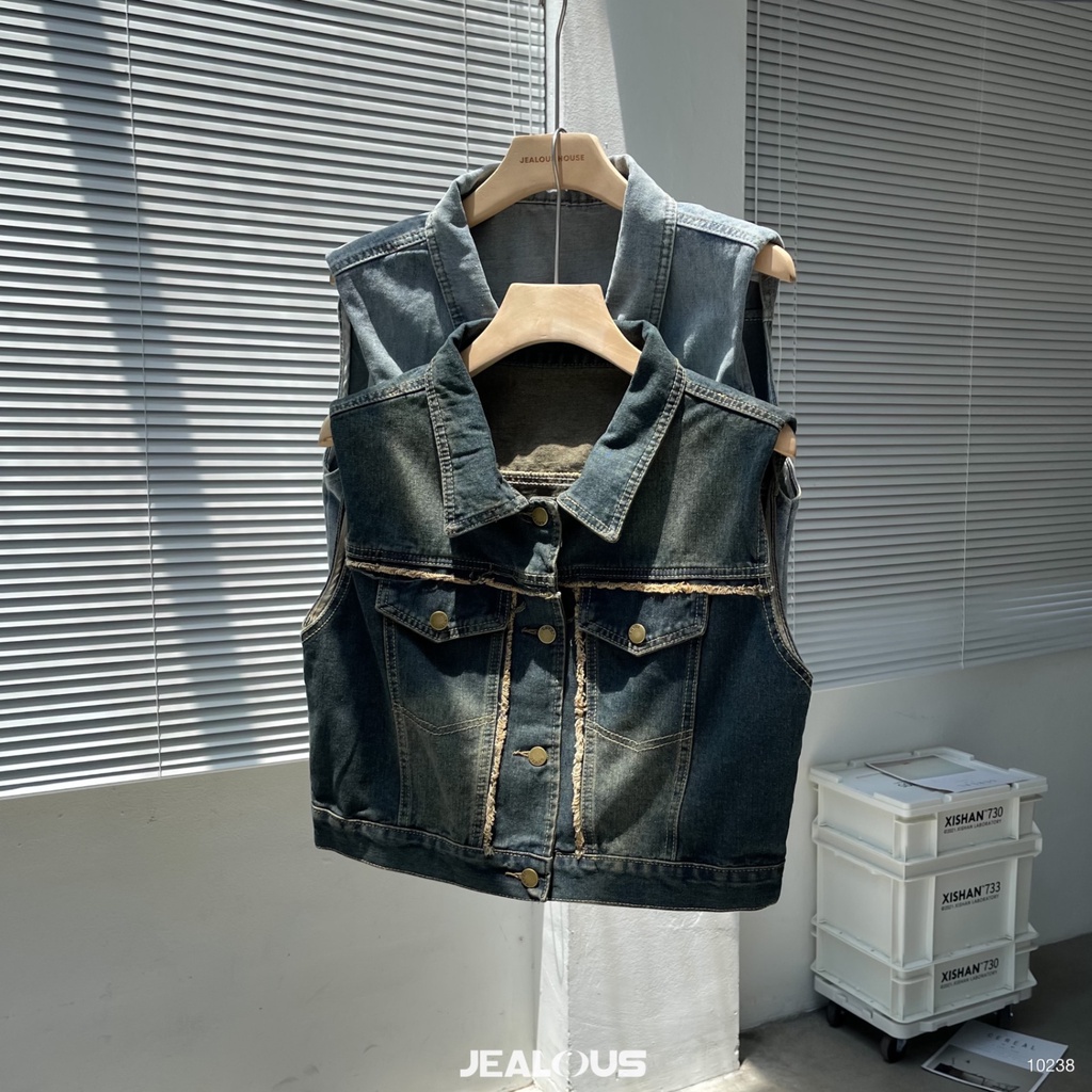 Áo gile denim rua rua ngang độn vai - 10238