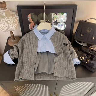 Bộ Áo Khoác + Áo Sơ Mi + Chân Váy Xếp Ly Tay Dài Phong Cách Hàn Quốc Dễ Thương Thời Trang Thu Đông Cho Bé Gái