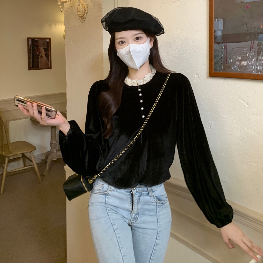 SUXI Áo Sơ Mi Nữ Tay Dài Cổ Phối Ren Phong Cách vintage Thời Trang Mùa Thu