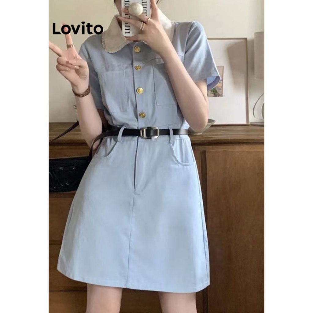 Đầm Lovito nút trước màu trơn thường ngày cho nữ LNA17111 (màu xanh dương)