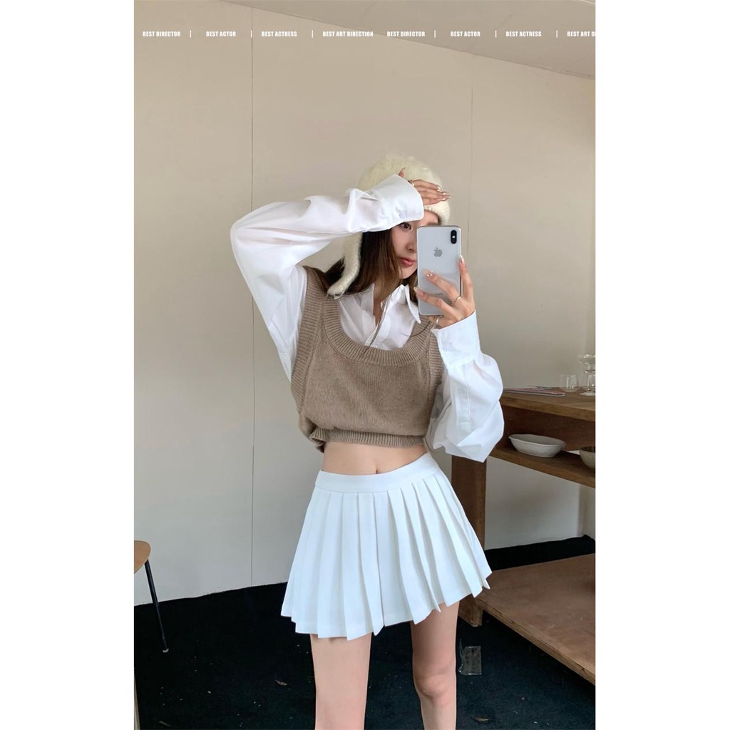 Set Áo Sơ Mi Kẻ Sọc Dài Tay + Áo Khoác Ghi Lê + Chân Váy Xếp Li Thời Trang Dành Cho Nữ 3n