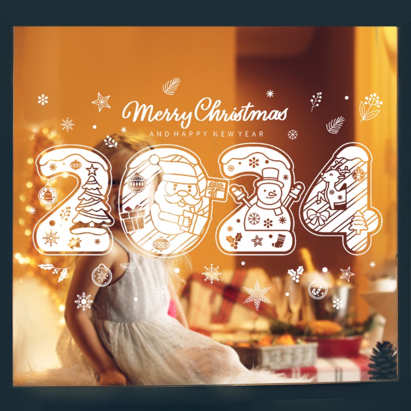 Sticker Dán Cửa Kính Trang Trí Giáng Sinh Năm Mới 2024 Hình Bông Tuyết / Ông Già Noel