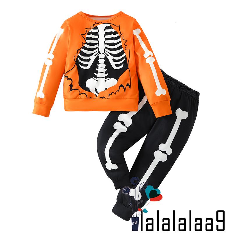 Set Đồ halloween 2 Món Gồm Áo Sweater Tay Dài In Hình Bộ Xương + Quần Dài Cho Bé