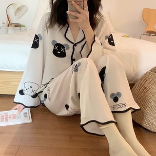 Bộ đồ ngủ dài tay bằng lụa mát thời trang dành cho nữ