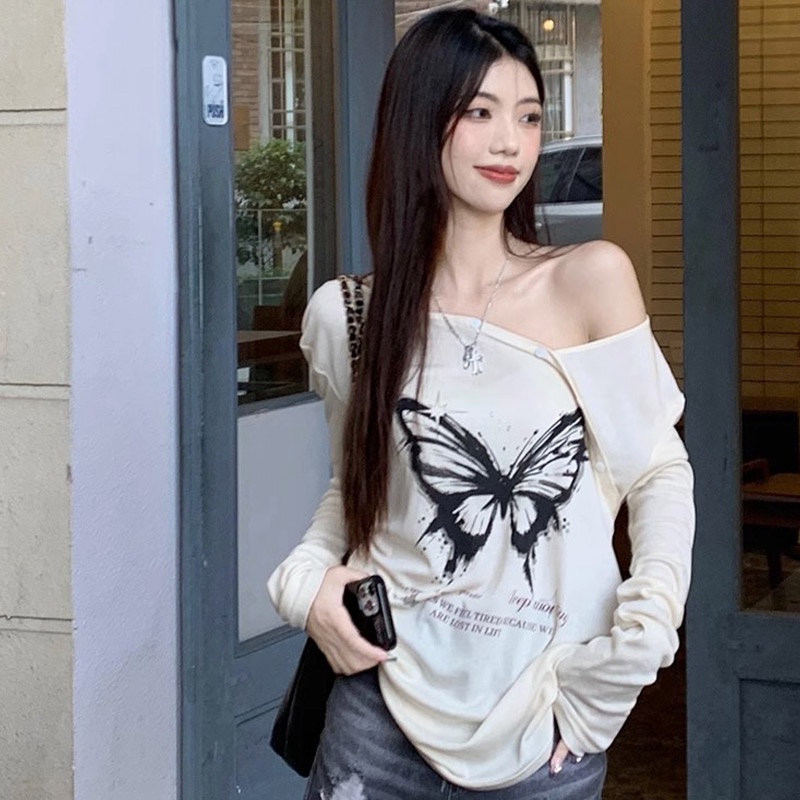 Áo Thun Dài Tay Đính Nơ Dáng Rộng Phong Cách Mỹ Cho Nữ