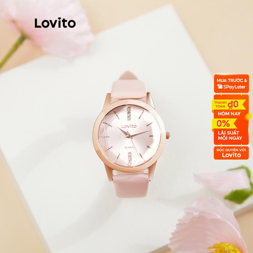 Đồng hồ quartz Lovito phong cách thường ngày màu trơn chất liệu kim loại đính kim cương nhân tạo (Màu hồng)