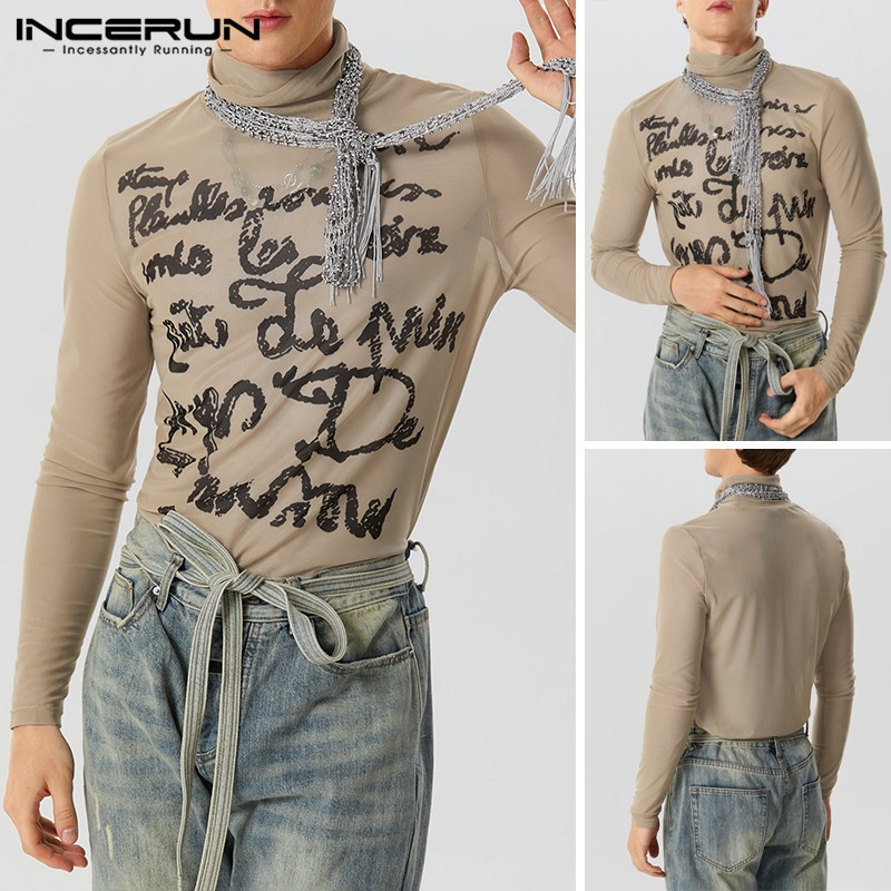 Incerun Áo Thun Nam Tay Dài Cổ Cao Phối Lưới Màu Sắc vintage Nhìn Xuyên Thấu In Chữ Tiếng Anh